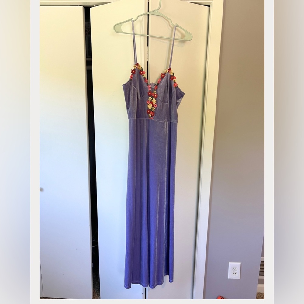 Shein Lavender Velvet Maxi Dress with Floral Embroidery